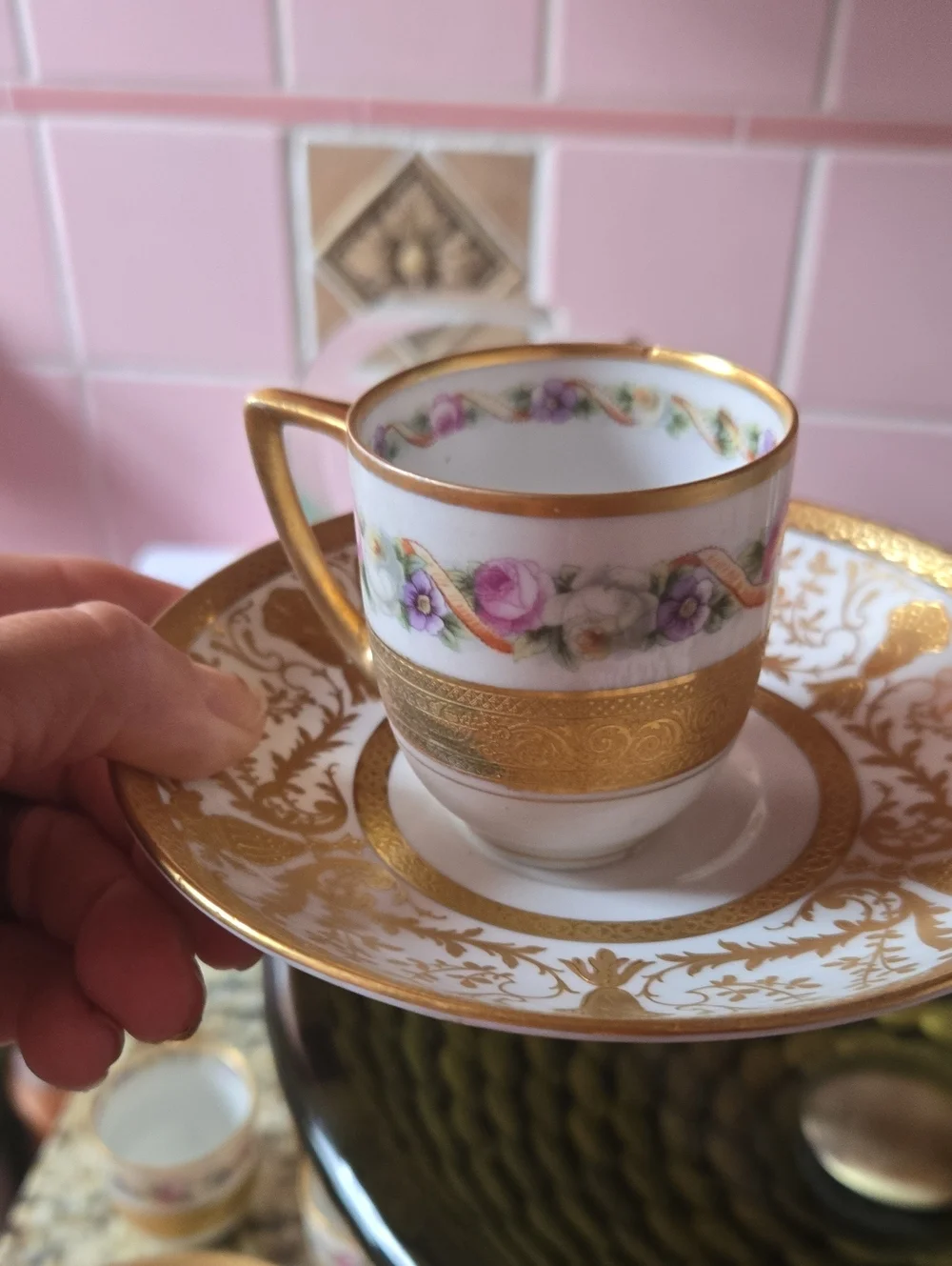 Antique Gilded White Porcelain Coffe Cup And Saucer- Classic  Dining Aristocrat
